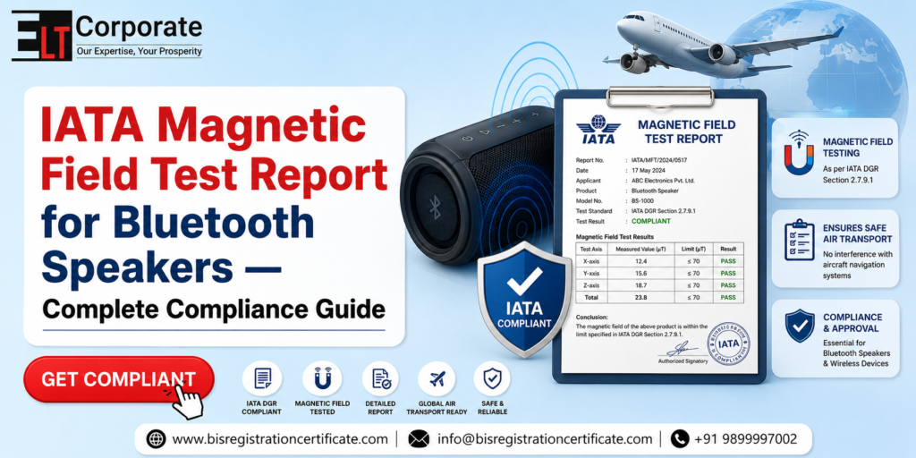 IATA Magnetic Field Test Report for Bluetooth Speakers showing compliance testing, certification report, Bluetooth speaker, aircraft transport, and IATA-approved magnetic field assessment.