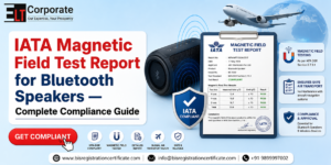 IATA Magnetic Field Test Report for Bluetooth Speakers showing compliance testing, certification report, Bluetooth speaker, aircraft transport, and IATA-approved magnetic field assessment.