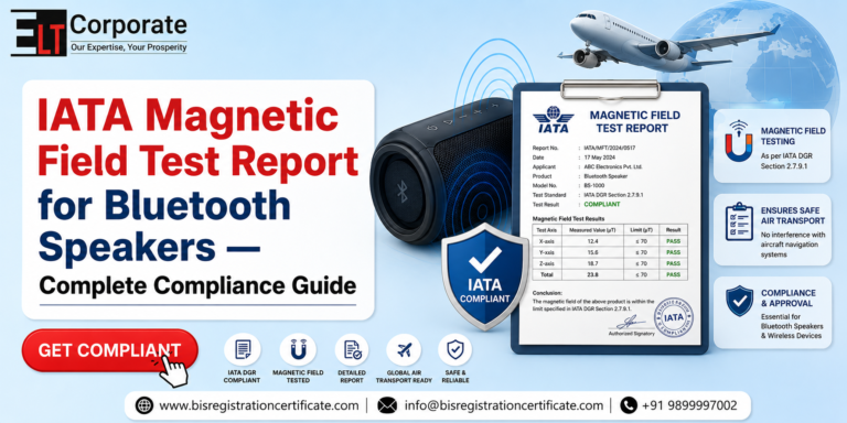 IATA Magnetic Field Test Report for Bluetooth Speakers showing compliance testing, certification report, Bluetooth speaker, aircraft transport, and IATA-approved magnetic field assessment.
