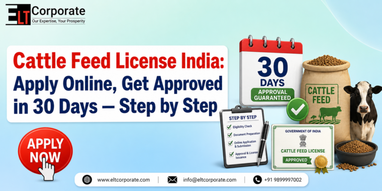 Cattle Feed License India banner showing online application process, 30-day approval service, compliance certificate, dairy cattle, and expert licensing support.