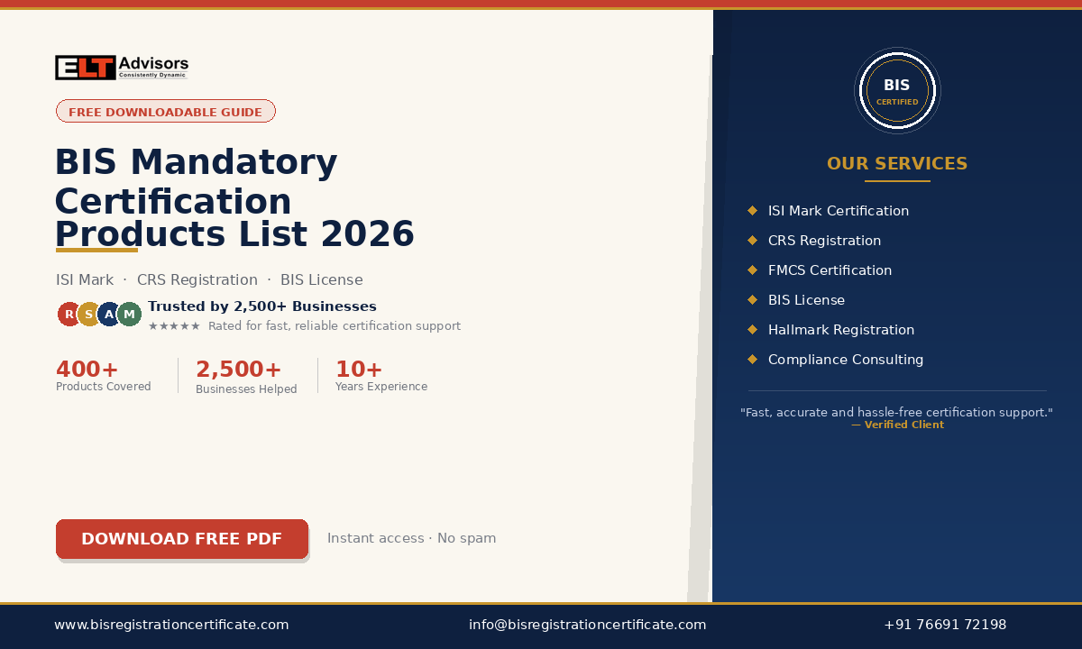 BIS mandatory certification products list 2026—ISI Mark, CRS, and BIS License guide